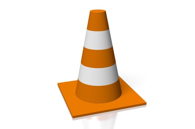 Single orange and white traffic cone on white background 3D illustration