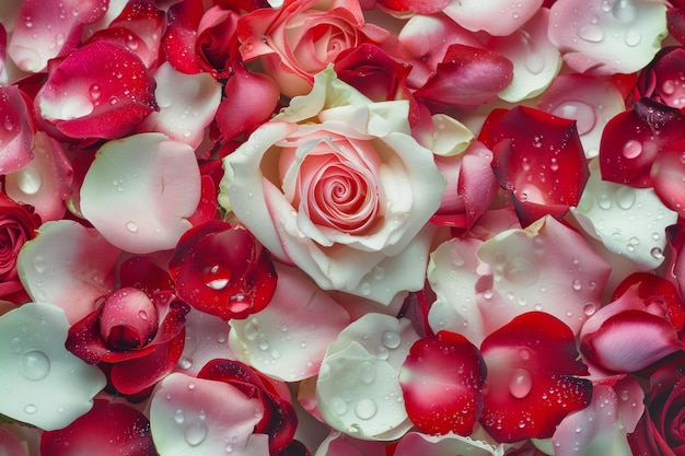 Одинокая бледная роза среди ярких лепестков с росой