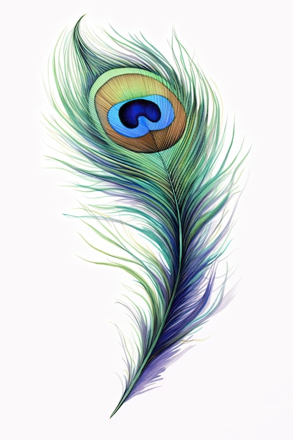 Photo a single peacock feather isolated on a white background digital watercolour painting