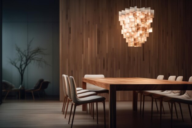 A Single Pendant Light Above A Wooden Dining Table And Chairs Casting A Warm Light