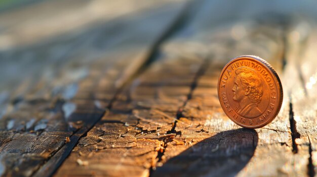 Single penny standing upright on weathered wooden surface bathed in warm sunlight