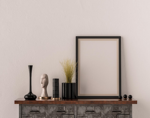 Single picture frame on an interior room console table with\
decorative accessories on it