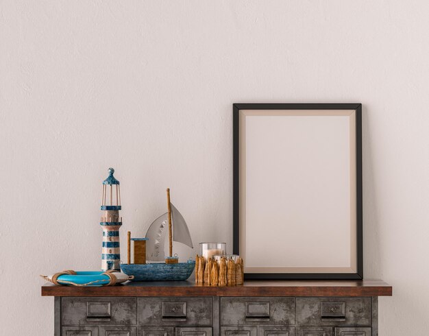 Single picture frame on an interior room console table with\
decorative accessories on it