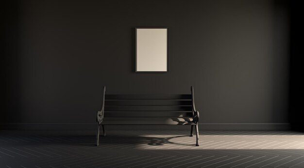 Single picture frame and a single park bench in dark room with\
copy space