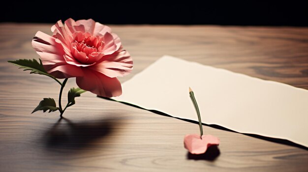 A single pink flower sitting on top of a wooden table