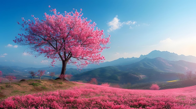 A single pink tree stands on a hillside with a mountain range in the background The sky is blue