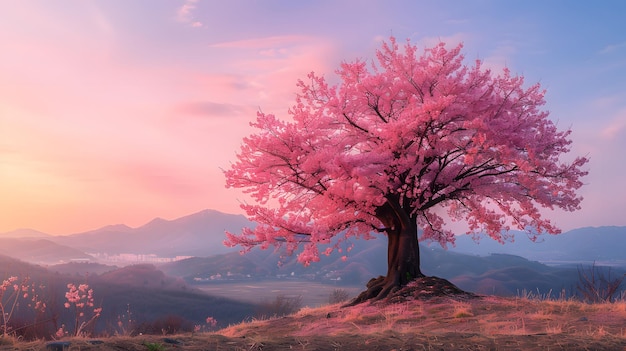 A single pink tree stands on a hillside with a mountain range in the background The sky is blue