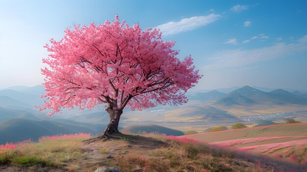 A single pink tree stands on a hillside with a mountain range in the background The sky is blue