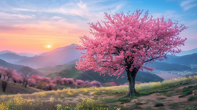 A single pink tree stands on a hillside with a mountain range in the background The sky is blue