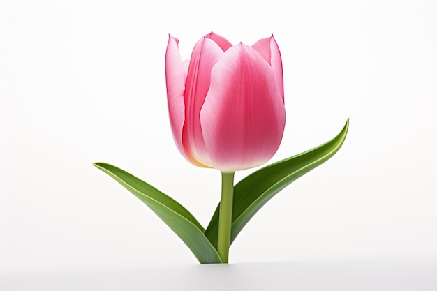 a single pink tulip flower with green leaves