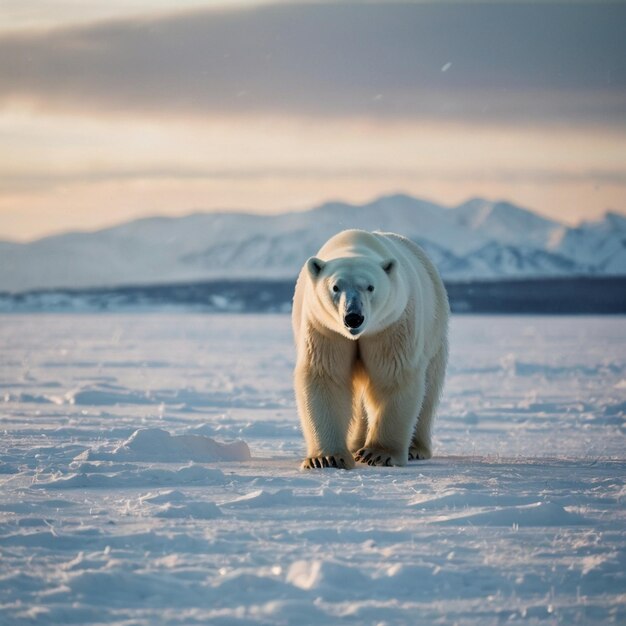 Photo single polar bear relax on snow clean and bright white snowfield background