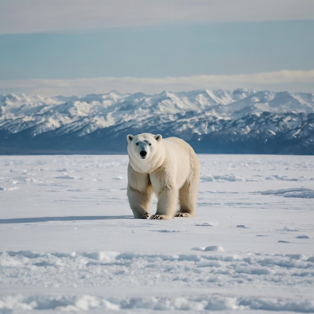 Photo single polar bear relax on snow clean and bright white snowfield background