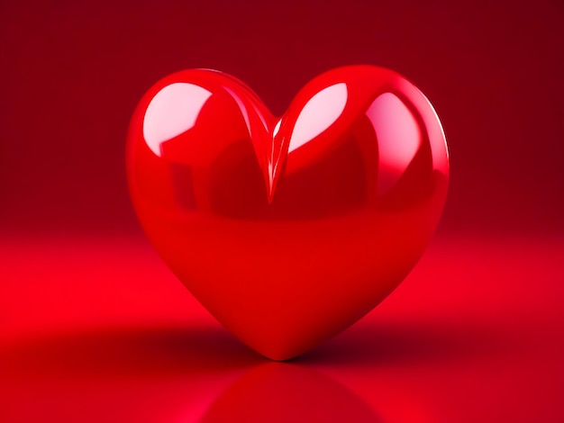 Photo a single red 3d heart shape with reflective surface on a red background