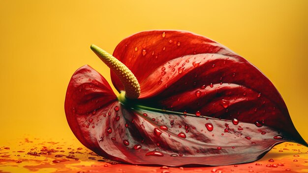 Single red Anthurium exotic flower over yellow studio background Generative ai