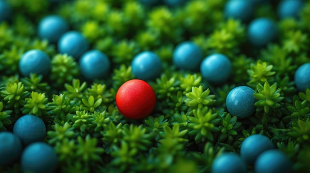 Один красный шар в море зеленых и синих Generative Ai