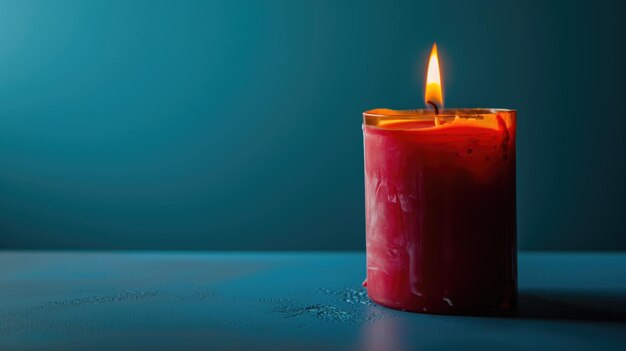 A single red candle burning against a blue backdrop