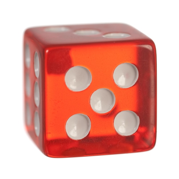 A single red dice on white