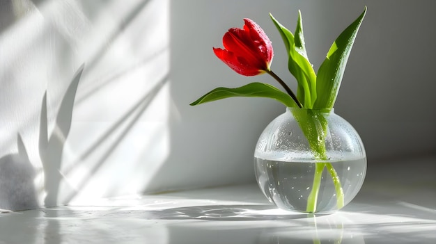 Photo a single red flower in a clear vase