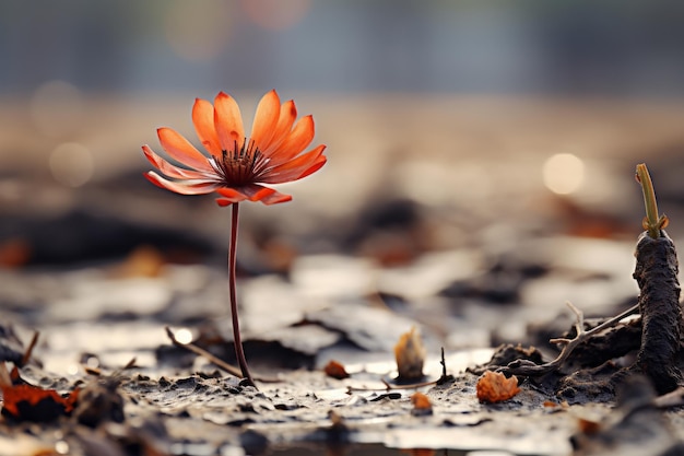 a single red flower is standing out in the mud