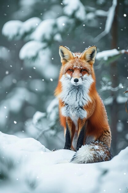 Photo a single red fox in a snowy landscape