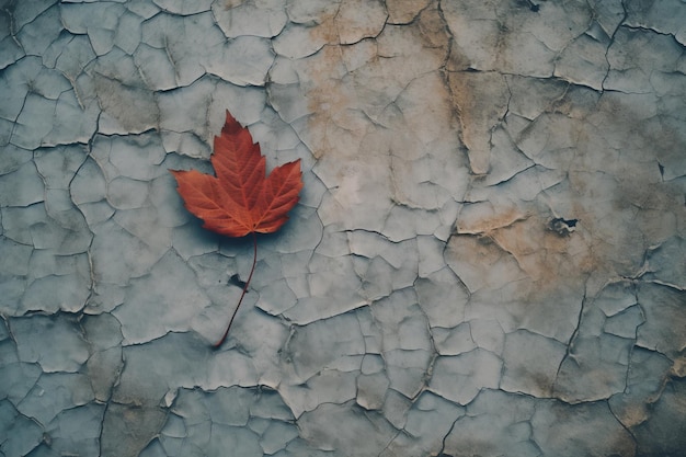 A single red leaf on a cracked wall