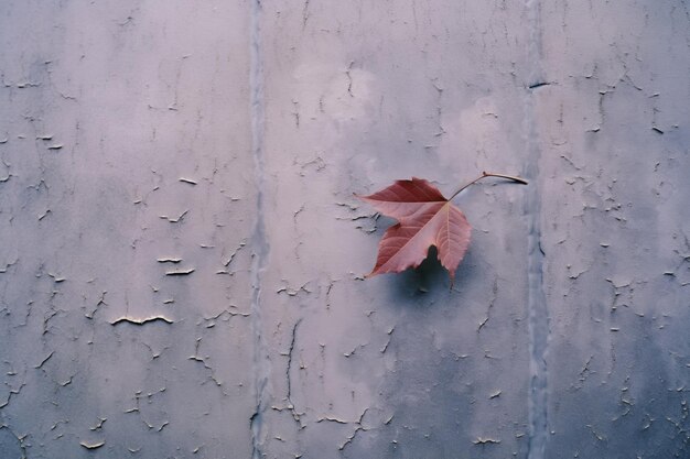 A single red leaf on a wall with peeling paint