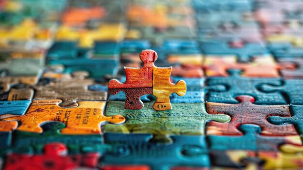 Photo single red puzzle piece standing above completed section of colorful jigsaw