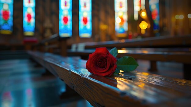 静かな礼拝堂の教会の席に置かれた単一の赤いバラ
