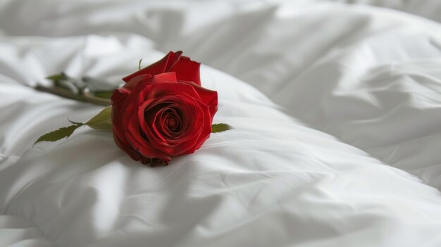 Photo a single red rose lying on a pristine white pillow