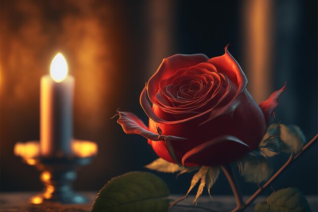 柔らかな環境光に照らされた一輪の赤いバラ