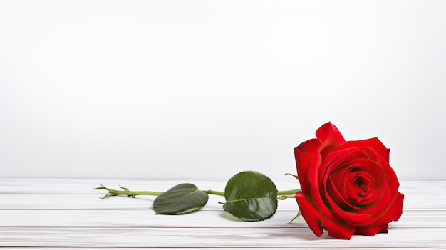 Photo single red rose on white wooden background for valentine day