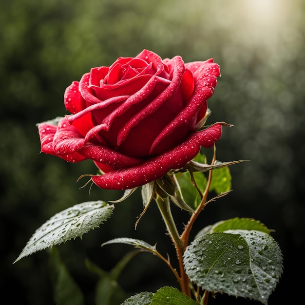 A single red rose with leaves and stems covered in dew