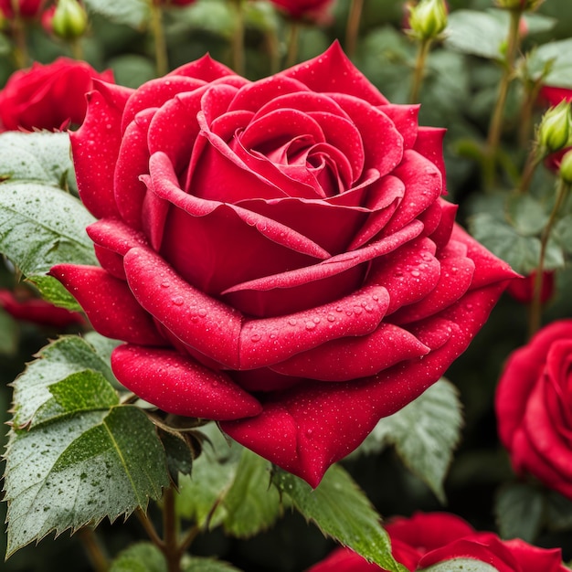 A single red rose with leaves and stems covered in dew