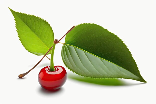 Photo single ripe cherry with a fresh green leaf generative ai