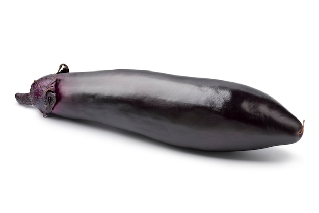 Single ripe purple eggplant close up isolated on white background