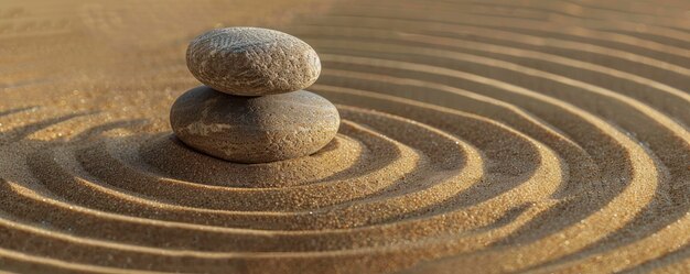 Single rock placed on top of another in the center surrounded by concentric circles drawn in the sand for zen meditation background Web banner with empty space