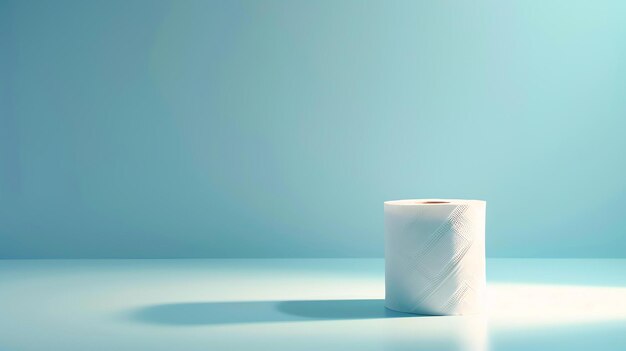 A single roll of toilet paper sits on a blue background The toilet paper is white and has a textured surface The roll is sitting on a blue table