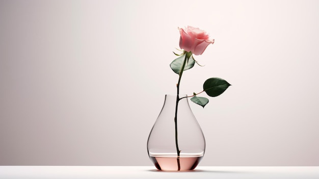 a single rose in a clear vase on a table