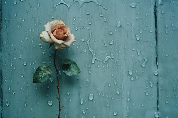 A single rose on a wooden wall with water droplets