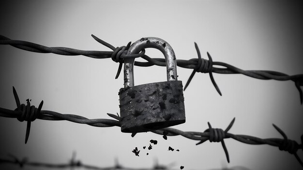 A single rusty padlock hangs on a wire