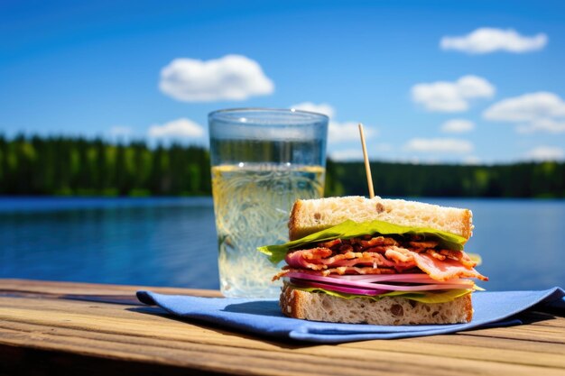 Single sandwich on blue picnic table beside a lake