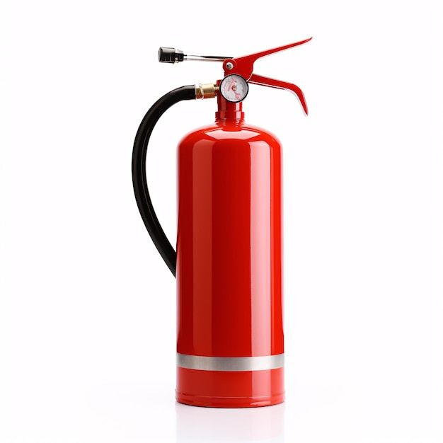 A single scarlet fire extinguisher isolated against a pale backdrop representing fire safety