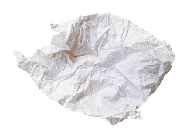 Single screwed or crumpled tissue paper or napkin in strange shape after use in toilet or restroom isolated on white background with clipping path