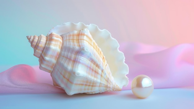 Photo a single seashell with a pearl against a pastel backdrop ai generated illustration