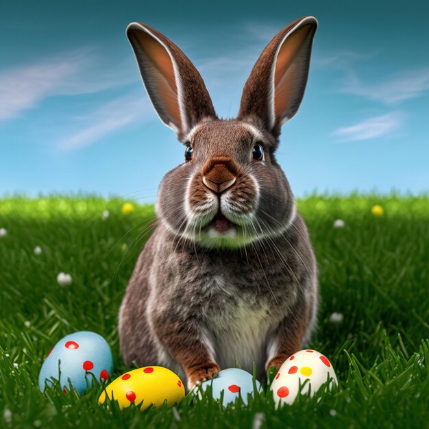 Single sedate furry american rabbit sitting on green grass with easter eggs