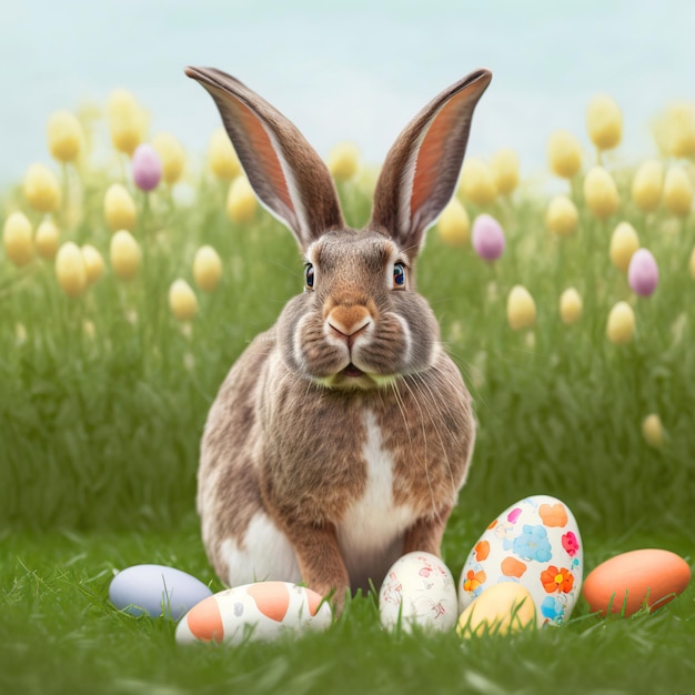 Single sedate furry Belgian rabbit sitting on green grass with easter eggs