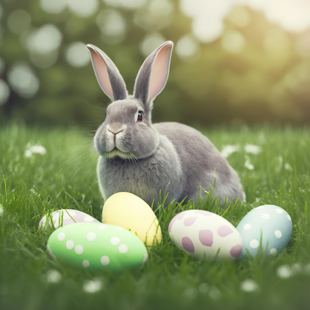 Single sedate furry Champagne rabbit sitting on green grass with easter eggs