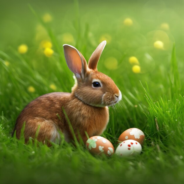 Single sedate furry Cinnamon rabbit sitting on green grass with easter eggs