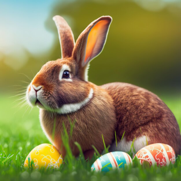 Single sedate furry Cinnamon rabbit sitting on green grass with easter eggs