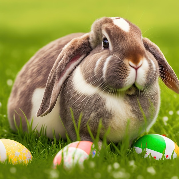 Single sedate furry English Lop rabbit sitting on green grass with easter eggs